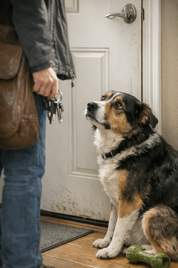 Hund ser op på sin ejer ved hoveddøren