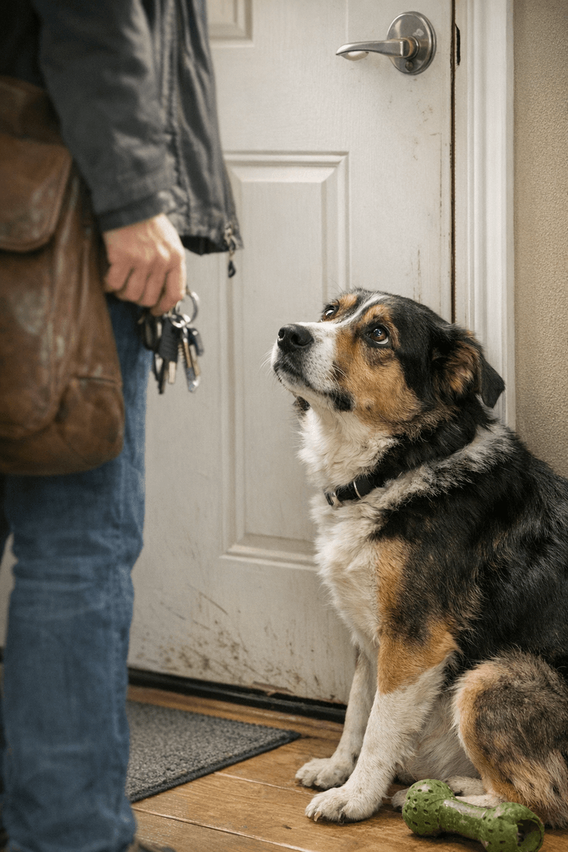 Hund ser op på sin ejer ved hoveddøren